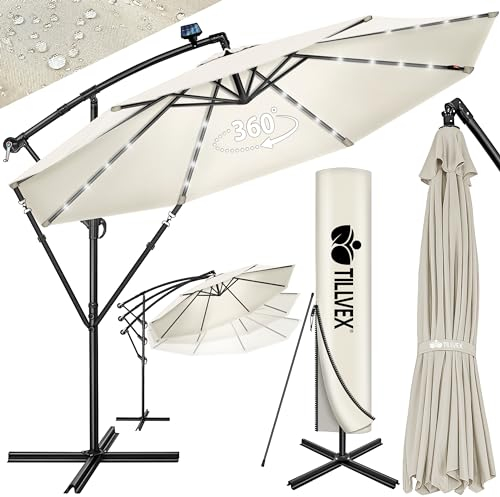 tillvex Alu Ampelschirm LED Solar Ø 350 cm mit Kurbel + Abdeckung | Sonnenschirm mit An-/Ausschalter & Windschutz | Gartenschirm UV-Schutz Aluminium | Kurbelschirm mit Ständer Marktschirm wasserdicht