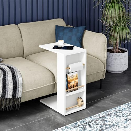 [en.casa] Sidobord Siikainen laptopbord med horisontellt stag 65 x 44 x 29 cm rullbord C-form vardagsrumsbord rektangulärt förvaringsbord vitt