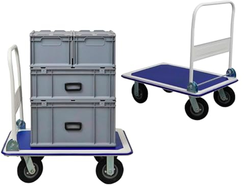 PROREGAL Faltbarer Transportwagen Big Rhino | HxBxT 96x90x60cm | Tragkraft 300kg | Luftbereifung, Rad-Ø 20,3cm | Blau-Grau | Transporthilfe Klappwagen Paketwagen Lagerwagen