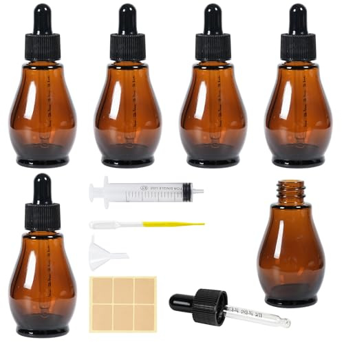 Nadisean Glasdroppflaskor 30 ml, 6-pack Pärformade bärnstensfärgade glasflaskor med dropppipett, påfyllningsbar pipettdroppflask med sticker för oljearomaterapiblandningar, massage, parfymer