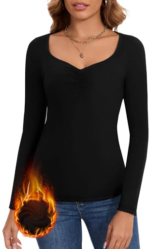 WOWENY Haut thermique pour femmes - Pull d'hiver - Col bénitier - Manches longues - Sous-vêtements thermiques côtelés - Débardeur thermique - Manches longues - T-shirt en polaire, Noir , L