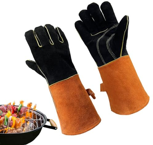 Guanti in Pelle per Guanti da Barbecue Resistenti al Calore, Guanti in Pelle Antiscivolo Antincendio Guanti Lunghi da Forno, Guanti da Cucina per Interni ed Esterni