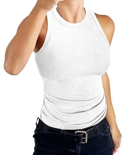 DUOEASE Debardeur sans Manches pour Blanche Femme 2025 Col Rond Classics Slim Fit coteles Hauts ete-Blanc-M