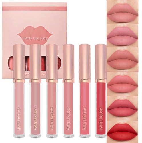 KARLOR Juego de 6 lápices labiales líquidos, juego de 6 barras de labios mate, palo de rosa, nude, rosa, coral, rojo, melocotón, juego de pintalabios sedoso, 24 horas de duración, set de regalo (A)