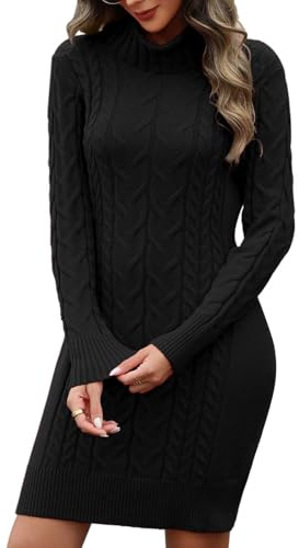 PASUDA Robe Pull Femme Hiver Robe Chic et Elegant à Col Haut Tricoté Mi-Longue Robes Chaud à Manches Longues Elástique Pull Femme Slim Fit Couleur Unie Doux Automne Hiver (Noir, S)