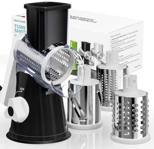 Nexsujo Rotary Cheese Grater Hand Crank, 3 Interchangeable Blades, Shredder Slicer, Strong Suction Base, No-Cut-Hands Design for Parmesan Mozzarella Vegetables Nuts, Fast Kitchen Prep Tool, Black