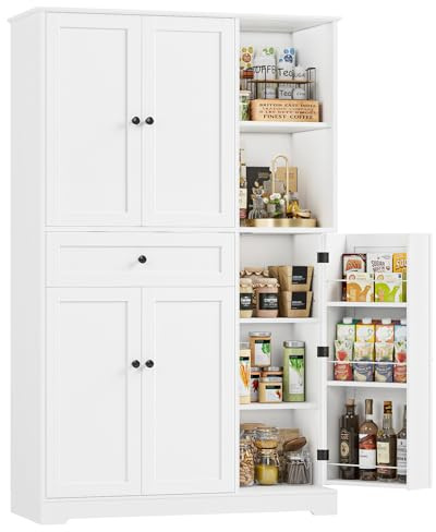 FirFurd Armoire de Cuisine Meuble Cuisine Rangement avec 5 Portes 13 Étagères 1 Tiroir Vaisselier Meuble de Rangement pour Salon, Salle à Manger 104x40x173cm Blanc