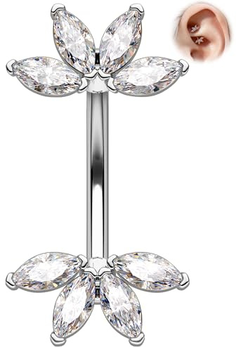 OUFER Lotus Rook Piercing Jewellery 16G Surgical Steel Eyebrow Bar Clear CZ Silver Cartilage Helix Tragus Earrings Curved Barbell 8mm Vertical Labret Lip Bars for Women