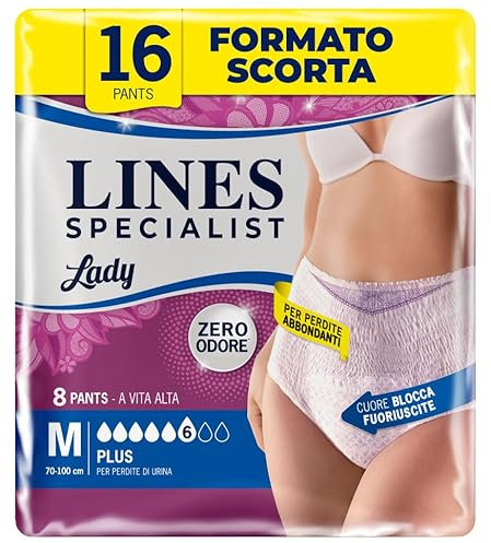 Lines Specialist Lady Pants Plus, Mutande Assorbenti per Incontinenza Donna, Vita Alta, Femminili e Discreti, Zero Odore e Barriere Laterali Protettive, Taglia M, 2 Confezioni da 8
