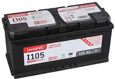 Accurat Impuls I105 AGM Autobatterie - 12V, 105Ah, 950A, zyklenfest, wartungsfrei, 30% mehr Startleistung, Ca-Technologie - Starterbatterie, Blei-Säure Batterie, Akku für Start-Stop & Hybrid Fahrzeuge