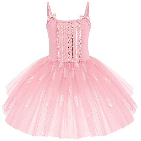 Robe Ballet Fille Tutu Danse Classique sans Manches Bretelles Spaghetti avec N�UD Papillon Tulle Paillettes Plume Justaucorps Gymnastique Costume Ballerine Princesse Une Pi�ce Rose 7-8 Ans