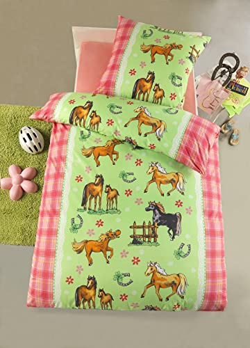 Carpe Sonno Kinderbettwäsche 135x200 cm Pferdebettwäsche Kinder Bettwäsche Mädchen - Microfaser Kinder-Bettwäsche Set 2tlg mit Kissenbezug 80x80 cm Bettbezug bunt