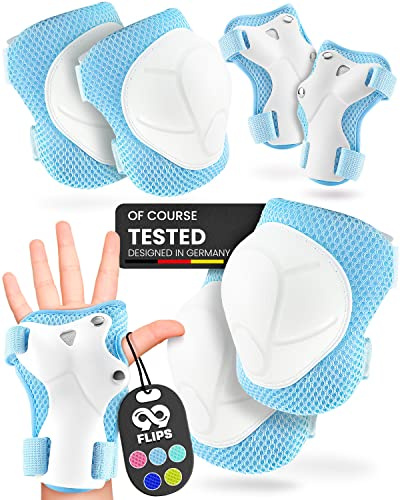 99FLIPS Protezione Bambina Skateboard Pattini in linea - attrezzatura protettiva ginocchiere bambina - ginocchiere bambino Set - pattini a rotelle - FLASH S/M BLU AZZURRO