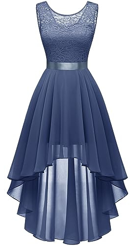 Berylove Dentelle Robe de Cocktail Femme élégante pour Mariage, Robe Festive sans Manches, Robe de Demoiselle d'honneur, Bleu, L