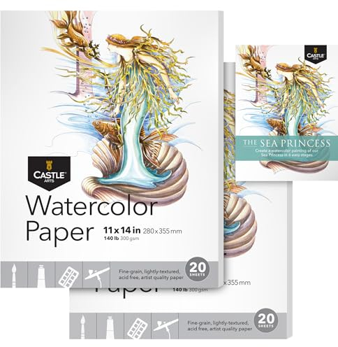 Castle Art Supplies Aquarell-Skizzenblock 11 x 14 Zoll | 20 Blatt pro Block | Robust und dauerhaft (300 g/m2) für alle Techniken (11 x 14, 2er-Pack)