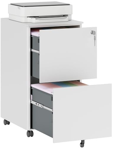Vinsetto 2-Drawer Filing Cabinet with Lock and 5 Wheels, Steel Mobile File Cabinet, for A4, Legal and Letter Size, Pre-Assembled Body, White