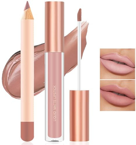 Matte Nude Lip Liner and Lipstick Makeup Set, Matte Liquid Lipstick/Nude Lip Stain High Pigment & Lipliner Pencil for Women, Smooth Lip Makeup (01)
