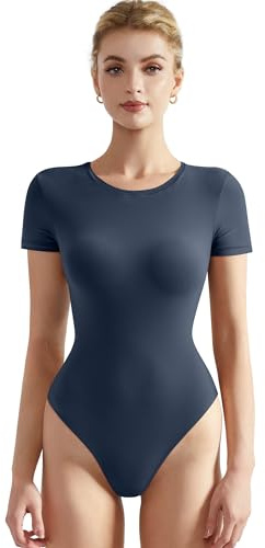 SUUKSESS Women Short Sleeve Bodysuit Crew Neck Thong Body Suit Shirts Basic Tops (Navy, S)