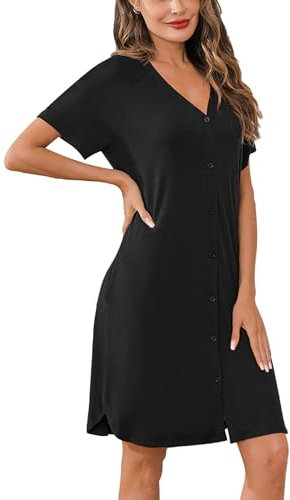iClosam Nachthemd Damen Kurzarm Nachtwäsche Baumwolle mit Knöpfen Nachtkleid Kurz mit V-Ausschnitt Loungewear für Frauen Sleepwear Bequeme Sleepshirt Knopfleiste S-XXL