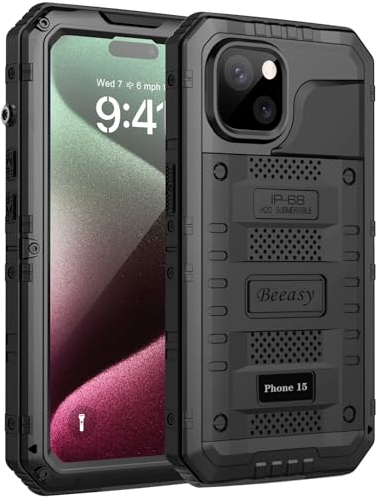 Beeasy für iPhone 15 Hülle Wasserdicht Outdoor Stoßfest Metall Schutzhülle, Militär 360 Grad Panzerhülle Staubdicht mit Displayschutz Robust Hardcase Heavy Duty Handyhülle Case 6,1, Schwarz