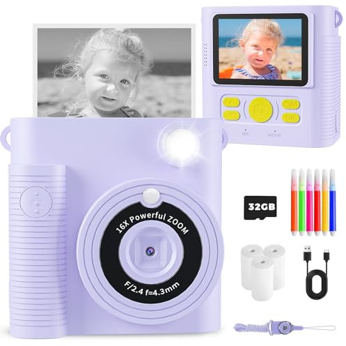 YMEDSUM Kids Camera Instant Print,1080P HD Digital Camera for Girls & Boys, Safe Inkless Printing Toys Gifts,32GB SD Card & 3 Rolls Paper, Birthday Christmas New Year's Gifts for Ages 3-12