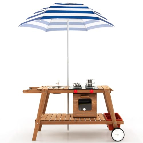 GOPLUS Cuisine d'Extérieur Evolutive en Bois avec Roues, Chariot de Cuisine d'Extérieur Enfants, Parasol, Four, Boîte de Rangement Amovible, Accessoires Inclus, Table Picnic pour 3+ Ans, Bleu