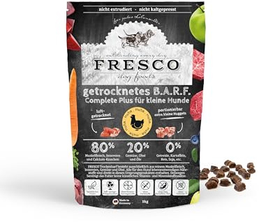 Fresco Seco Barf Complete Plus de pollo, Comida para Perros Pequeños | 1 kg | Compuesto de carne pura muscular, despojos y huesos de calcio de pollo y frutas, verduras y aceite