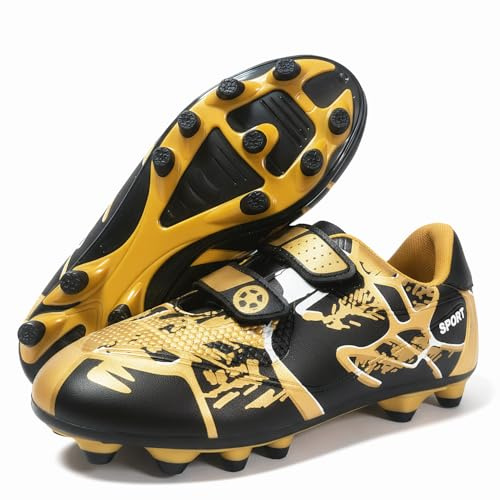 Boys Football Boots Kids Girls Shoes Soccer Athletics Trainers Sport Shoes Running Shoes Teenager Outdoor Football Shoes Sneakers for Unisex Size 12 Black Gold