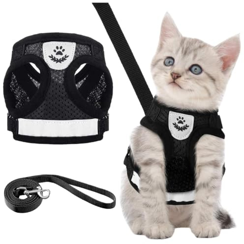 MHDAMAI Pettorina Gatto e Pettorina Antifuga Guinzaglio Imbracatura con Guinzaglio Riflettente PettorinaRegolabile Traspirante con Collarino per Gatti,Cani Taglia Piccola (Nero,XS)