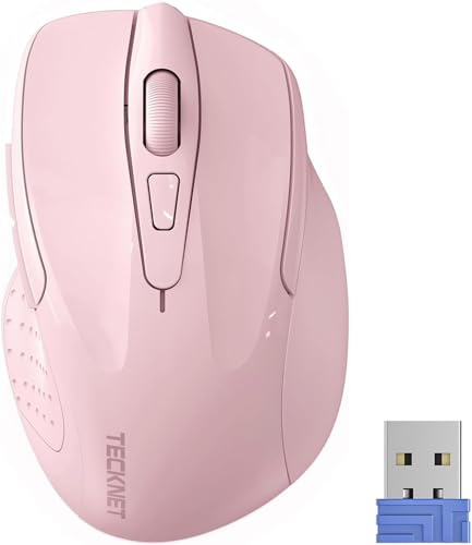 TECKNET Mouse Bluetooth Wireless, 3 Modalità: Bluetooth 5,0/3,0 + 2,4 GHz, 4800 DPI&Design Ergonomico, 30 Mesi Batteria, Mouse Wireless Silenzioso per Laptop, PC, Windows, Mac OS e Android-Rosa Chiaro