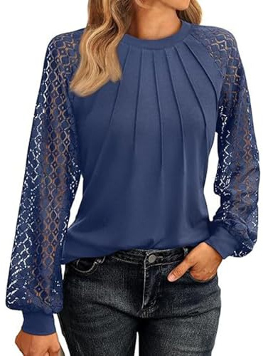 Générique Vente en Ligne Chemise Femme Hauts col Rond Chic Blouse Longues Manches Découpées en Dentelle, Elegant Chiffon Top Bubble Sleeve Casual Chemisier Cadeau Femme Marine XL