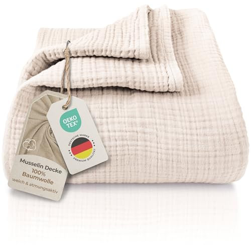 LAYNENBURG Colcha de Muselina Premium 220 x 240 cm - 100% algodón - Manta de algodón Extra Suave como Manta acogedora, Manta de Cama, Manta de sofá, Manta de sofá (Beige)