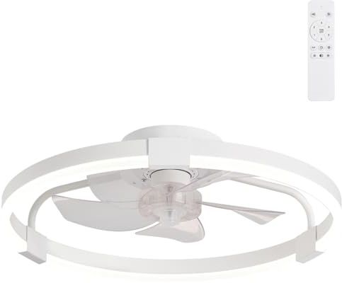 Ventilateur Plafond avec Lumière 50cm, Ultra-mince Design 13cm pour Plafonds Bas, Ventilateurs de Plafond Réversible 6 Vitesses, 3 Couleurs Dimmable LED Lampe, Timer Télécommande pour Chambre Cuisine