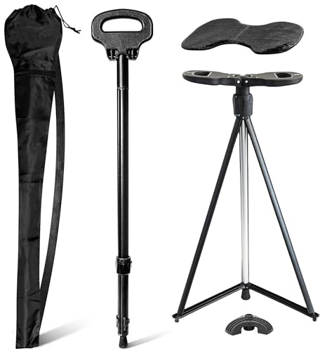 FATTCHIAR Walking Cane with Seat, Cane Chair with Cushion Capacity 330lbs Folding Lightweight Portable Stool for Adults Seniors Camping Hiking-Black