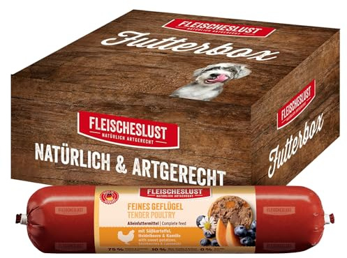 Fleischeslust Hundewurst | Feines Geflügel mit Süßkartoffel, Heidelbeere & Kamille | Futterbox (8x400g) | Nassfutter | schnittfest | getreidefrei | Alleinfuttermittel für Hunde
