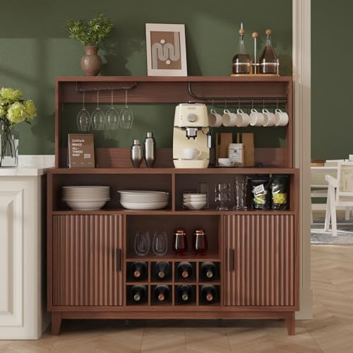 Vabches Fluted Coffee Bar Cabinet with Charging Station, 47.2 W Home Bar Furniture with Removable Wine Rack, Glass Holder, Modern Liquor Cabinet for Kitchen, Dining, Living Room, Entryway, Walnut