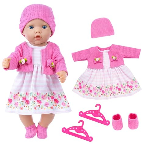 WanderGo Abbigliamento per bambole da 35-43 cm, 6 pezzi con cardigan rosa + gonna con motivo floreale + calzini + cappelli + 2 grucce + vestiti per bambole da 14-18 pollici (senza bambola)