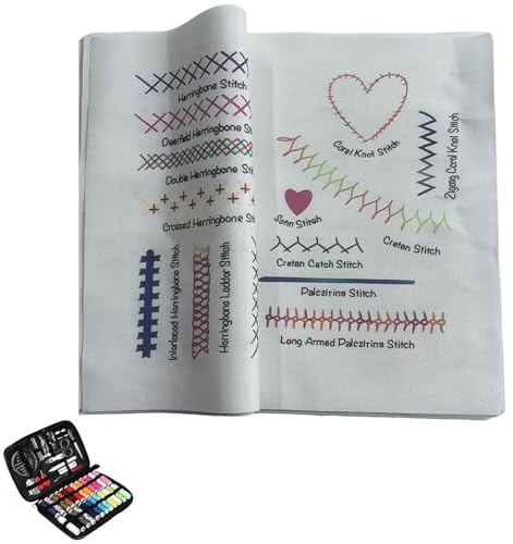 Kit de libro de puntadas de bordado, libro de aprendizaje de bordado DIY con juego de herramientas y hilo, guía de práctica de puntadas a mano para principiantes, kit de costura portátil con patrones