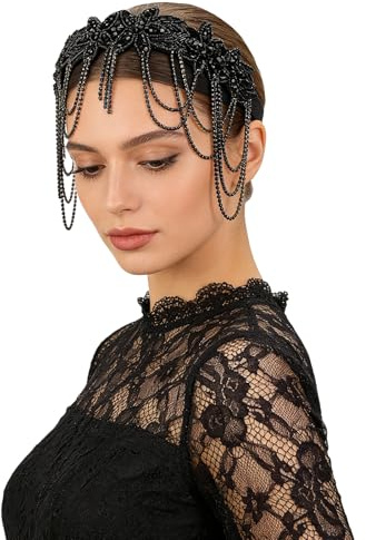 Copricapo anni '20, Diadema de Flapper 1920s,Fascia per Capelli Flapper Nera con Strass e Nappa,accessorio per capelli vintage da donna,Neri Accessorio Vintage per La Fronte con Strass per Donne Festa