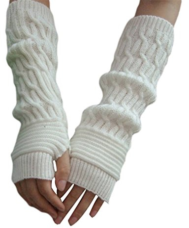 HENGSONG Damen Mädche Winter Fingerlose Armstulpen Stricken Pulswärmer Lange Elastische Halbfinger Handschuhe Fingerlose Handwärmer Sporthandschuhe (weiß)