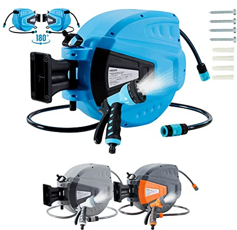 Arebos Schlauchaufroller | 15 m Schlauchtrommel | Wand-Schlauchbox mit Arretierstop & 9 Sprühunktionen |180° Schwenkbar | Inkl.Wandhalterung | Automatischer Aufrollmechanismus Gartenschlauch | Blau