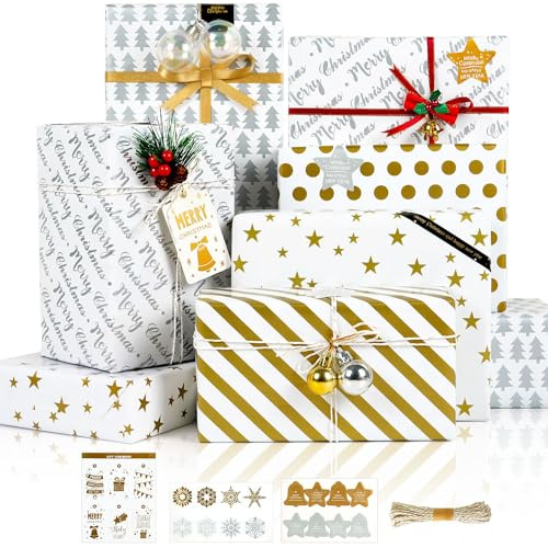Christmas Wrapping Paper, 6 Sheets Gold and Silver Christmas Wrapping Paper Set for Women Men, Gift Wrap Paper for Xmas New Year Winter Birthday Holiday Party, 50 x70cm
