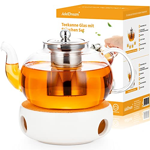 AdelDream Tetera de cristal con infusor (1200 ml+calentador de té)