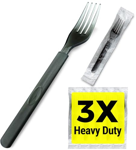 3X Heavy Duty Plastic Forks Individually Wrapped, Sturdy Like Silverware, 100 Pack Black Disposable Forks Bulk, Packaged To-Go Utensil Set, Perfect for Event Catering, Restaurant and Take Out.