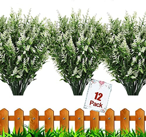 HBell 12 Bundles Outdoor Artificial Flowers UV Resistant Fake Boxwood Plants, Faux Plastic Greenery for Indoor Outside Hanging Plants Garden Porch Window Box Home Wedding Farmhouse Decor (White)