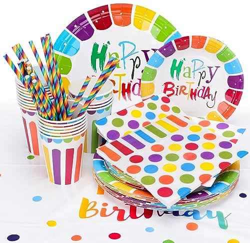 EUBSWA Set di stoviglie per feste di compleanno, per 20 ospiti, 121 pezzi, arcobaleno, compleanno, feste, tovaglioli, tovaglie, compleanni per bambini
