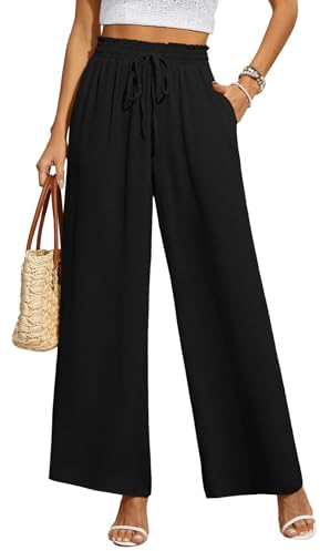 BEIGAI Damen Hosen Weite Lose Gerade Geschnitten Palazzo Hose Hohe Taille Dehnbar Lounge Elegante Hose mit Taschen,Schwarz,L