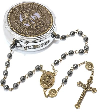 Nazareth Store St Michael radband hematit sten pärlor halsband metall pärlor glans pärlor ärkeängel medalj & kors kors kors för män och kvinnor i metalllåda
