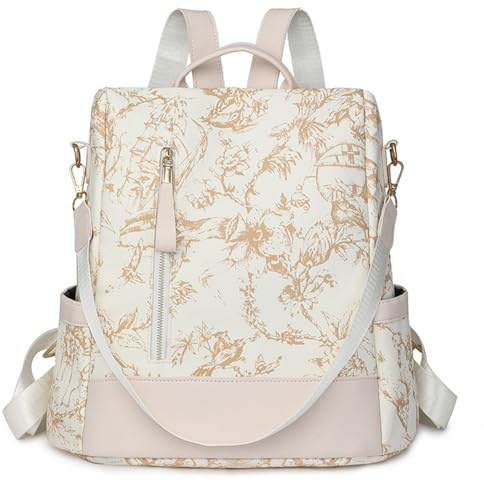 Ray-Velocity Sac à Dos Anti-vol Femme, Sac à Main Loisir, Sac de Voyage Elegant, Sacs Portés Dos Imperméable, Sac à Bandoulière pour École, Shopping, Travail, Voyages, Collège (Impression Beige)
