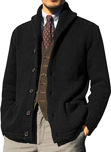 Cardigan da uomo, casual, invernale, a maniche lunghe, con collo a scialle, giacca a maglia grossa, maglieria, cardigan da uomo, collo a scialle, a trecce, motivo tinta unita, bottone, tasca frontale